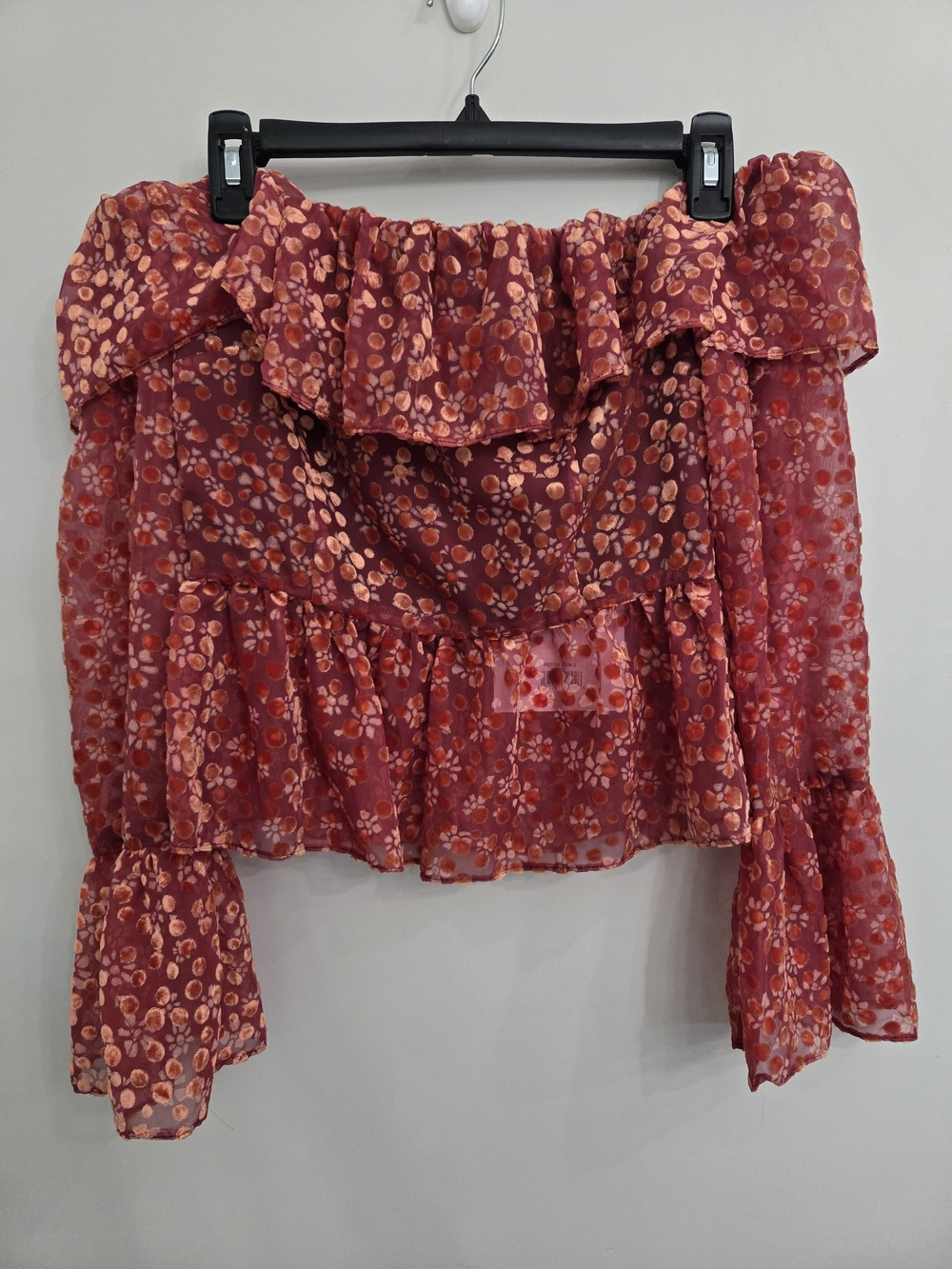 ONE OF ONE? NWT Mac Duggal Burgundy Floral Off-Shoulder Ruffle Blouse Size 2